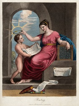 A woman personifying printing crowning a naked boy with a golden serpent. Coloured engraving by E. J. Roberts after Richter.