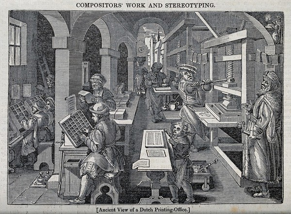 Men working at a printing press, proofing copy, inking, and setting type. Wood engraving. 18--, after Stradanus, ca.1580.