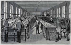 view A large and busy composing-room at a Parisian [?] printers' establishment. Wood engraving by Trichon Monvoisin [F. A. Trichon] after P. Blanchard.
