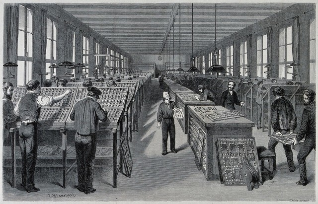 A large and busy composing-room at a Parisian [?] printers' establishment. Wood engraving by Trichon Monvoisin [F. A. Trichon] after P. Blanchard.