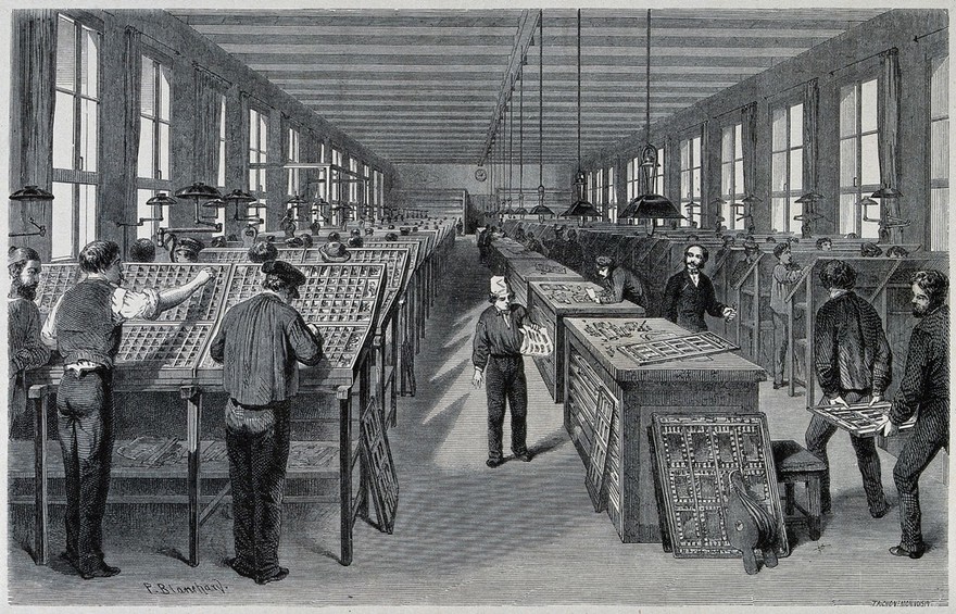 A large and busy composing-room at a Parisian [?] printers' establishment. Wood engraving by Trichon Monvoisin [F. A. Trichon] after P. Blanchard.