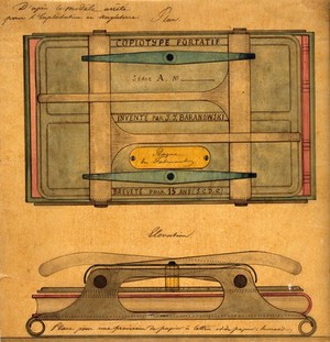 view A portable copying-press for letters [?]. Coloured drawing on tracing paper, 1860.