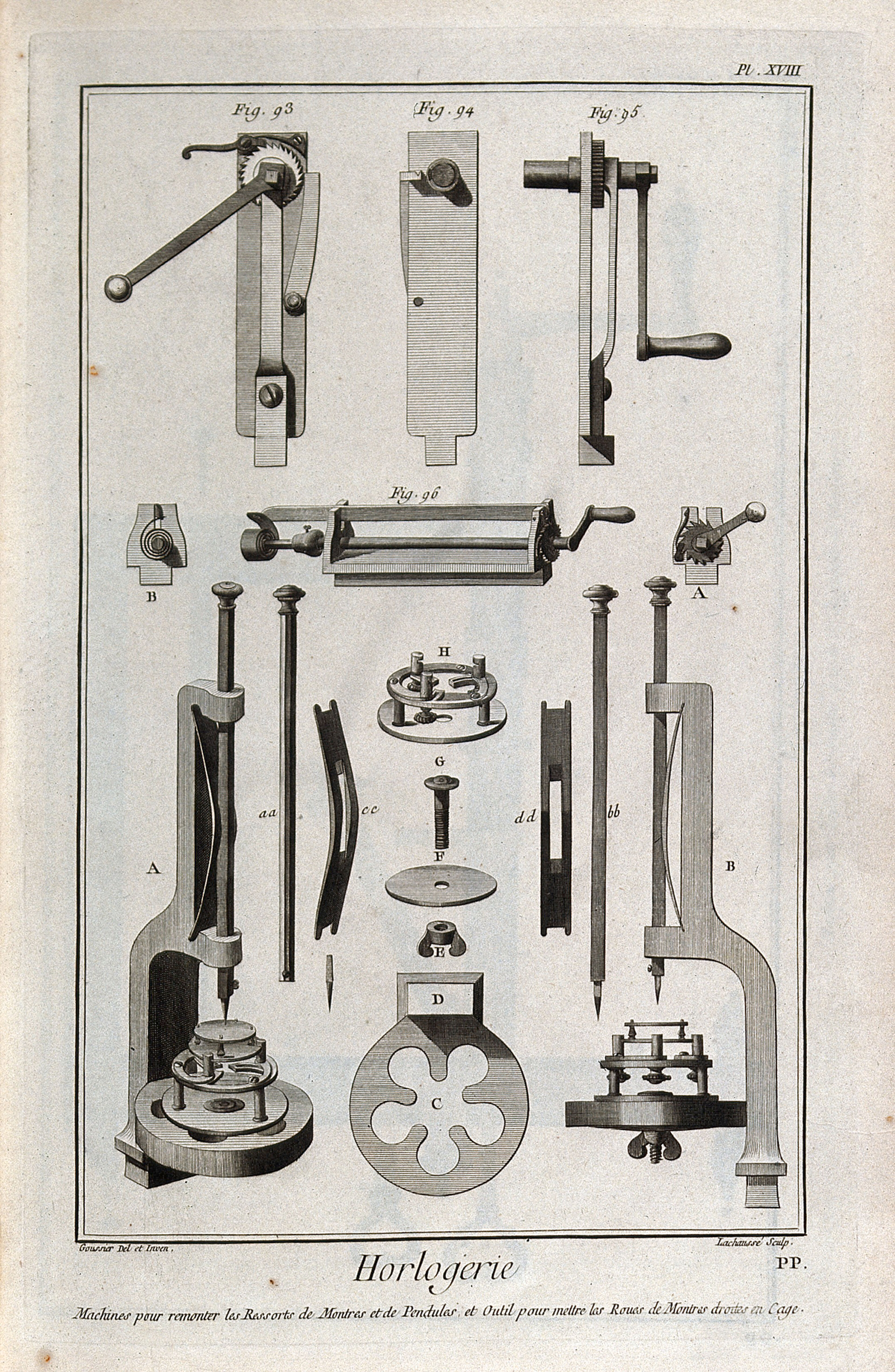 Clocks: jigs for spring-coiling (top), and cog-placing (below). Engraving by Lachaussé after L.J. Goussier.