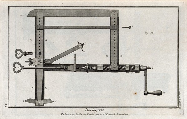 Clocks: fusee-engine, or taper-cutting lathe. Engraving by Defehrt [after G. d'Heuland?].