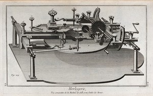 view Clocks: a dividing engine for setting out gearwheels. Engraving by Prevost [after G. d'Heuland].