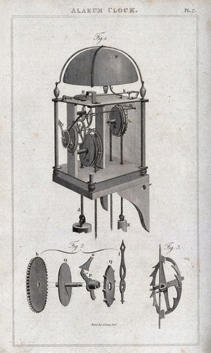 view Clocks: the mechanism of an alarm clock. Engraving after J. Farey.