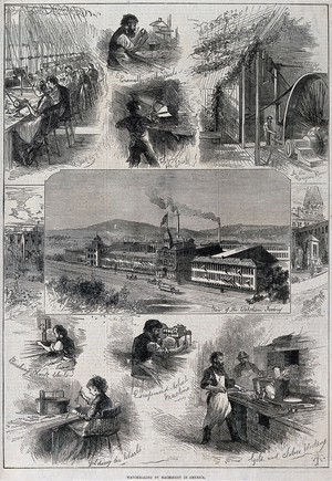 view Clocks: a watch factory at Waltham, Massachusetts. Wood engraving by A J H.