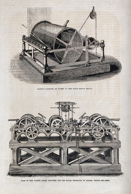 Clocks: the chiming mechanism (top), and the main mechanism (below) of a clock proposed for the Royal Exchange. Wood engraving.