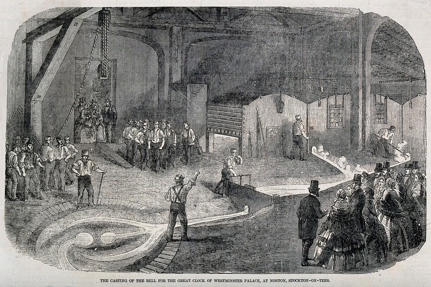 Clocks: casting a bell for the clock of the New Palace of Westminster. Wood engraving.