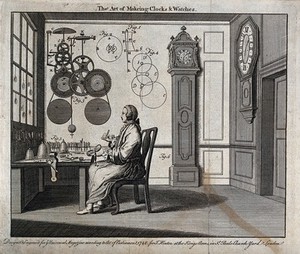 view Clocks: a watch-maker seated at his workbench with a long-case and a bracket clock behind him, diagrams of movements above his head. Engraving, 1748.