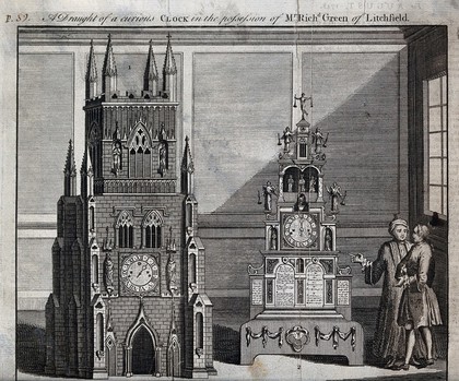 Clocks: Richard Greene's museum at Lichfield, showing the "Lichfield" clock, two men discussing it. Engraving, 1748, after H. White.