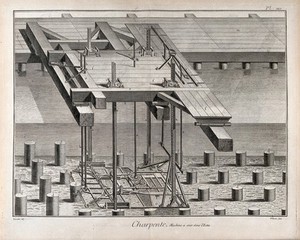 view Carpentry: a machine, devised by Pierre Patte, for sawing piles to the correct length underwater. Engraving by Prevost after Lucotte.