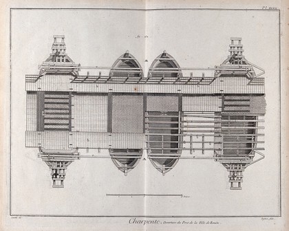 Carpentry: the pontoon bridge at Rouen, plan. Engraving by A.J. Defehrt after Lucotte.