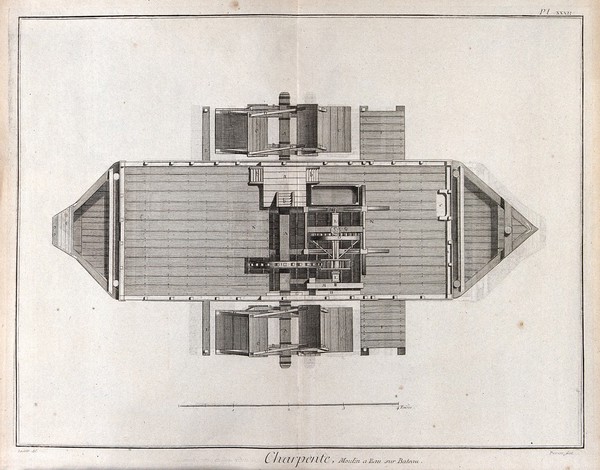 Carpentry: a water-mill, mounted on a barge. Engraving by Prevost after Lucotte.