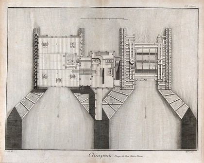 Carpentry: the pump on Notre Dame bridge, plan. Engraving by A.J. Defehrt after L.J. Goussier.