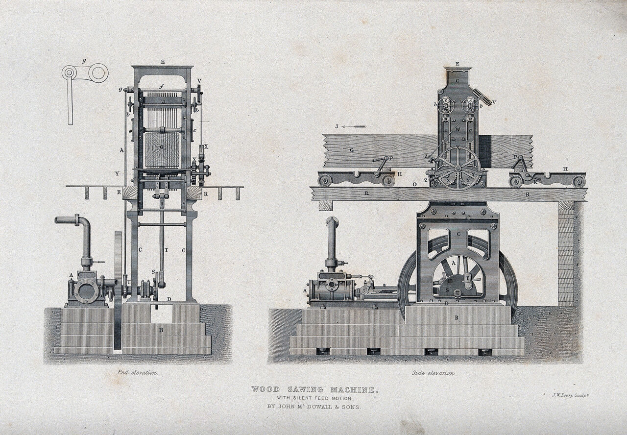 Woodwork: a mechanical band-saw. Engraving by J. W. Lowry., by Joseph Wilson Lowry