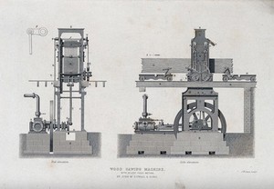 view Woodwork: a mechanical band-saw. Engraving by J. W. Lowry.