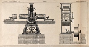 view A nine-bladed reciprocating mechanical saw, lateral and end elevations. Engraving by Hare.