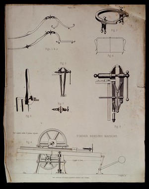 view A timber bending machine (below), various pincers, vices, and bits [?] (above). Engraving by J. Rapkin.