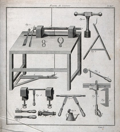 Carpentry: a treadle-operated lathe, and assortment of tools. Wood engraving by N. L. Rousseau [?].
