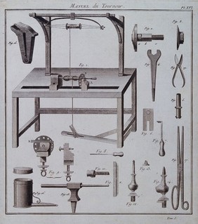 Carpentry: a treadle-operated lathe, with an assortment of tools for turning. Engraving by N. L. Rousseau [?] after Gallet [?].