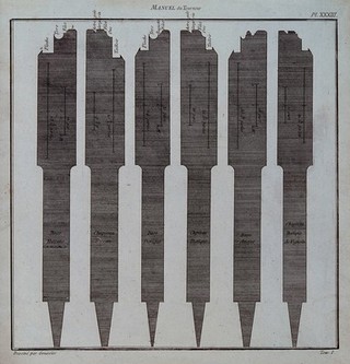 Carpentry: lathe tools with architectural profiles. Engraving by N. L. Rousseau [?] after L.J. Goussier.