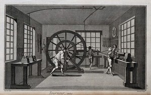 view A turner's workshop, a man working the crank of a large lathe, tools ranged around the walls. Engraving by R. Bénard after Lucotte.