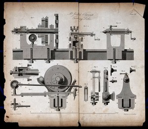 view An engineering lathe mechanism: long section, cross-section, and details. Engraving by G. Gladwin after J. Clement.