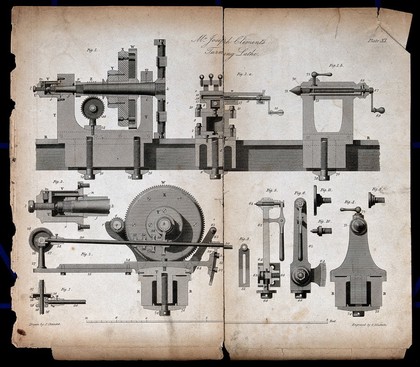 An engineering lathe mechanism: long section, cross-section, and details. Engraving by G. Gladwin after J. Clement.