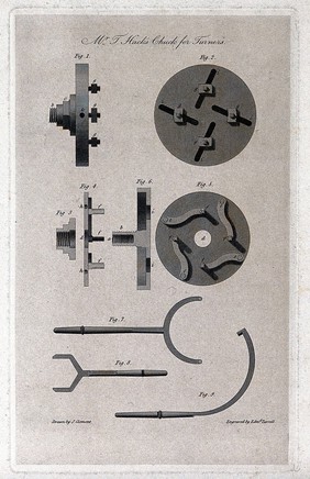 Engineering: a centring chuck mechanism for a lathe, elevations, cross-section, and details. Engraving by E. Turrell after J. Clement.