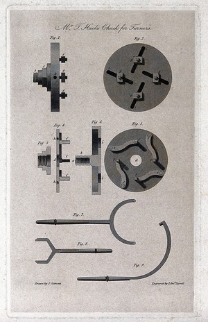 view Engineering: a centring chuck mechanism for a lathe, elevations, cross-section, and details. Engraving by E. Turrell after J. Clement.