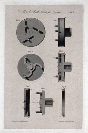 Engineering: a centring chuck mechanism for a lathe: elevations, cross-section, and details. Engraving by J. Davis after J. Clement.