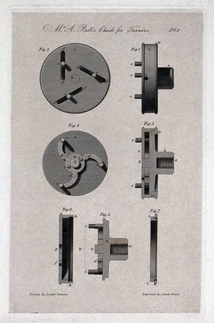 view Engineering: a centring chuck mechanism for a lathe: elevations, cross-section, and details. Engraving by J. Davis after J. Clement.