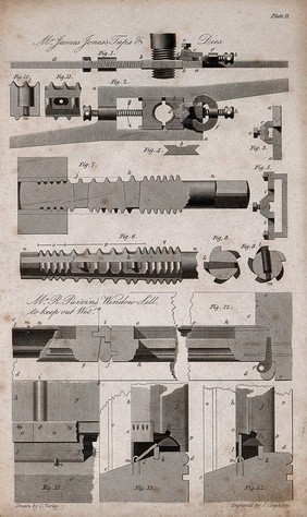 Taps and dies for cutting screw threads, and a water-tight window: cross-sections, and details. Engraving by J. Cleghorn after C. Varley.