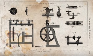 view Carpentry: a treadle-operated lathe, with an assortment of tools for turning. Engraving by Mutlow, 1813, after J. Farey.