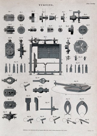 Engineering: a treadle-operated lathe, and an assortment of tools for turning. Engraving by W. Lowry, 1818.