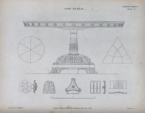 view Cabinet-making: a table for card games. Engraving by E. Turrell after H. Whitaker, 1848.