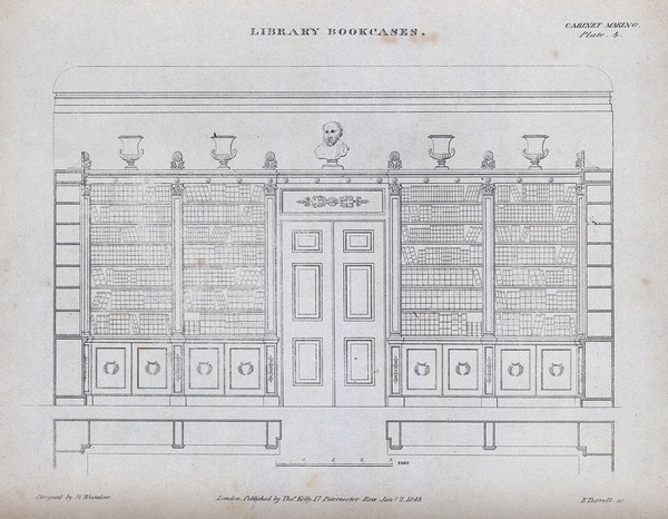 Cabinet-making: library bookcases surrounding a door. Engraving by E. Turrell after H. Whitaker, 1848.
