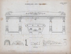 view Cabinet-making: a sideboard and cellaret. Engraving by E. Turrell after H. Whitaker, 1848.