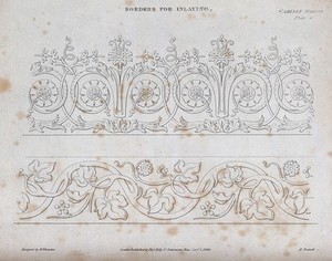 view Cabinet-making: decorative borders. Engraving by E. Turrell after H. Whitaker, 1848.