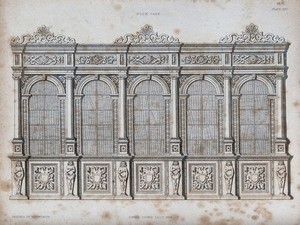 view Cabinet-making: a book case, in the Flemish mannerist style. Engraving after Arrowsmith, 1849.