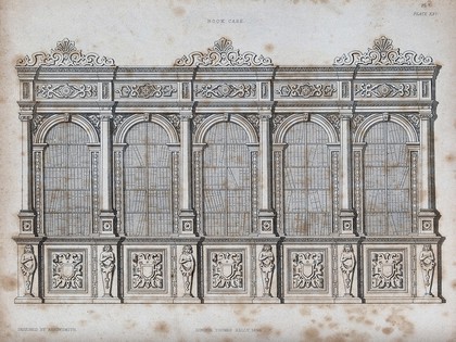 Cabinet-making: a book case, in the Flemish mannerist style. Engraving after Arrowsmith, 1849.