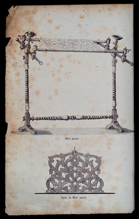 Cabinet-making: a tapestry frame (top), and a music-stand (below). Wood engraving.