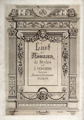 Cabinet-making: the architectural titlepage of "L'art du mobilier". Etching by J. Verchère after himself, 188-.