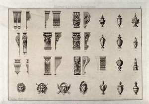 view Cabinet-making: decorative architectural elements. Etching by J. Verchère after himself.