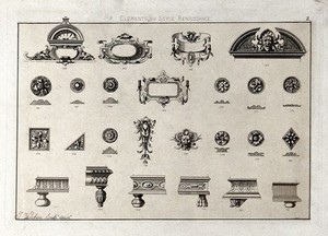 view Cabinet-making: decorative architectural elements. Etching by J. Verchère after himself, 1880.