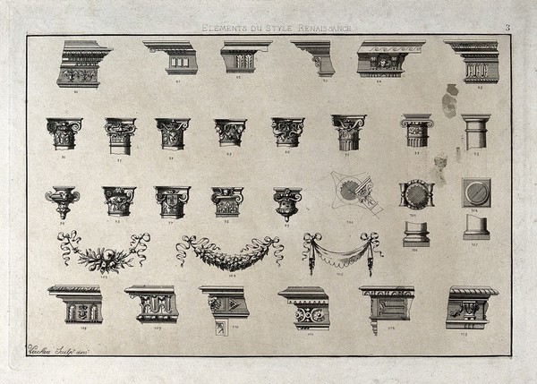 Cabinet-making: decorative architectural elements. Etching by J. Verchère after himself, 1880.