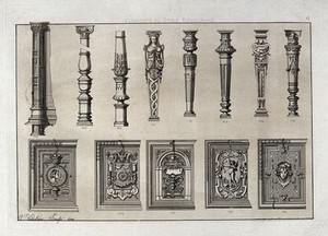 view Cabinet-making: decorative architectural elements. Etching by J. Verchère after himself, 1880.