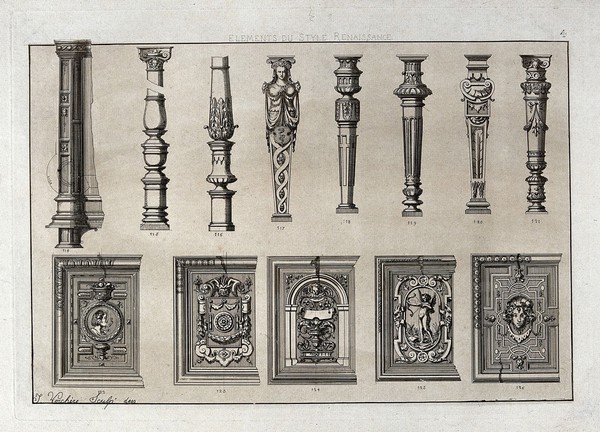 Cabinet-making: decorative architectural elements. Etching by J. Verchère after himself, 1880.