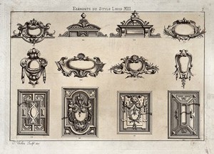 view Cabinet-making: decorative architectural elements. Etching by J. Verchère after himself, 1880.